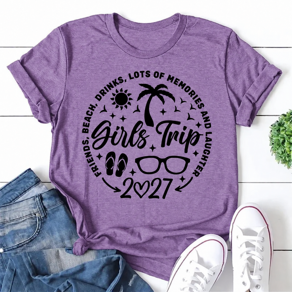 Purple women's T-shirt with Girls Trip 2027 • Friends, Beach, Drinks, Lots Of Memories And Laughter graphic