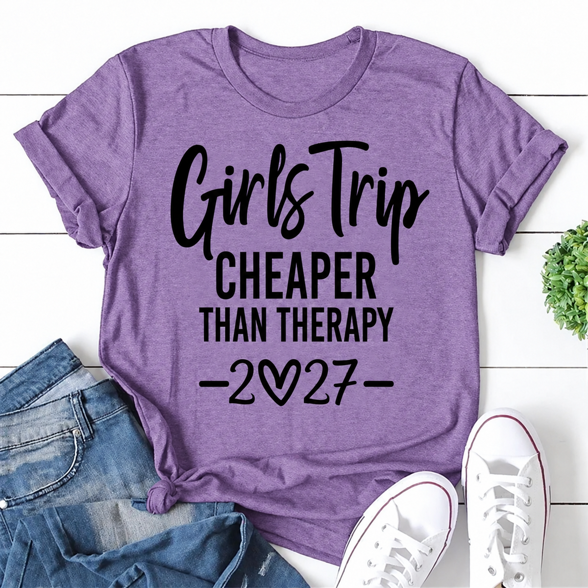 Purple women's T-shirt with Girls Trip • Cheaper Than Therapy • 2027 graphic