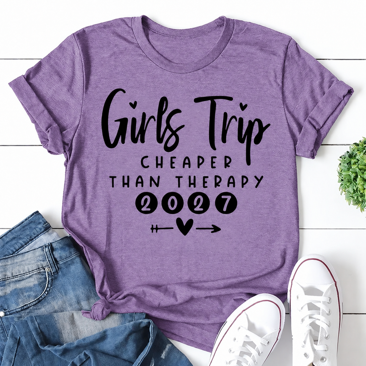 Purple women's T-shirt with Girls Trip • Cheaper Than Therapy • 2027 graphic