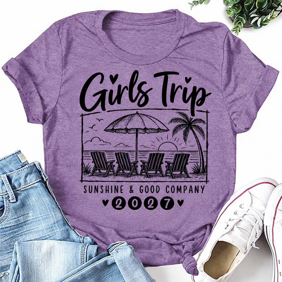 Purple Girls Trip 2027 women's T-shirt with Sunshine & Good Company - Four Chairs seaside graphic