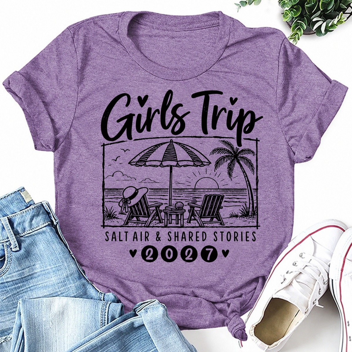 Purple Girls Trip 2027 women's T-shirt with Salt Air & Shared Stories seaside graphic