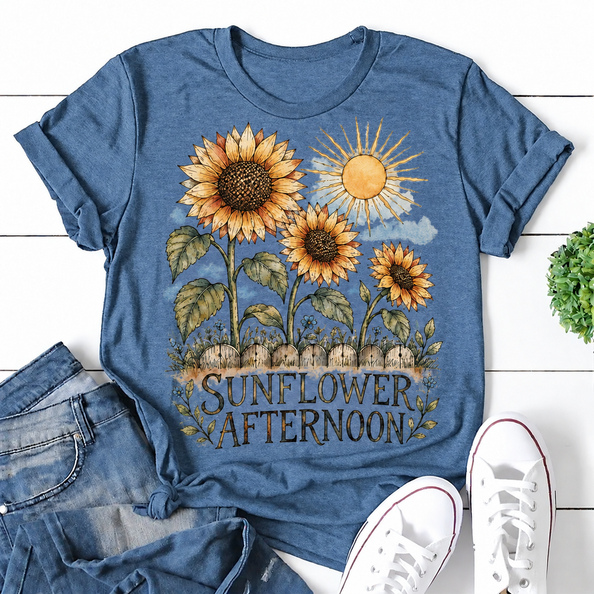 Sunflower Afternoon Garden Sketch hand-drawn-style graphic on a blue women's T-shirt