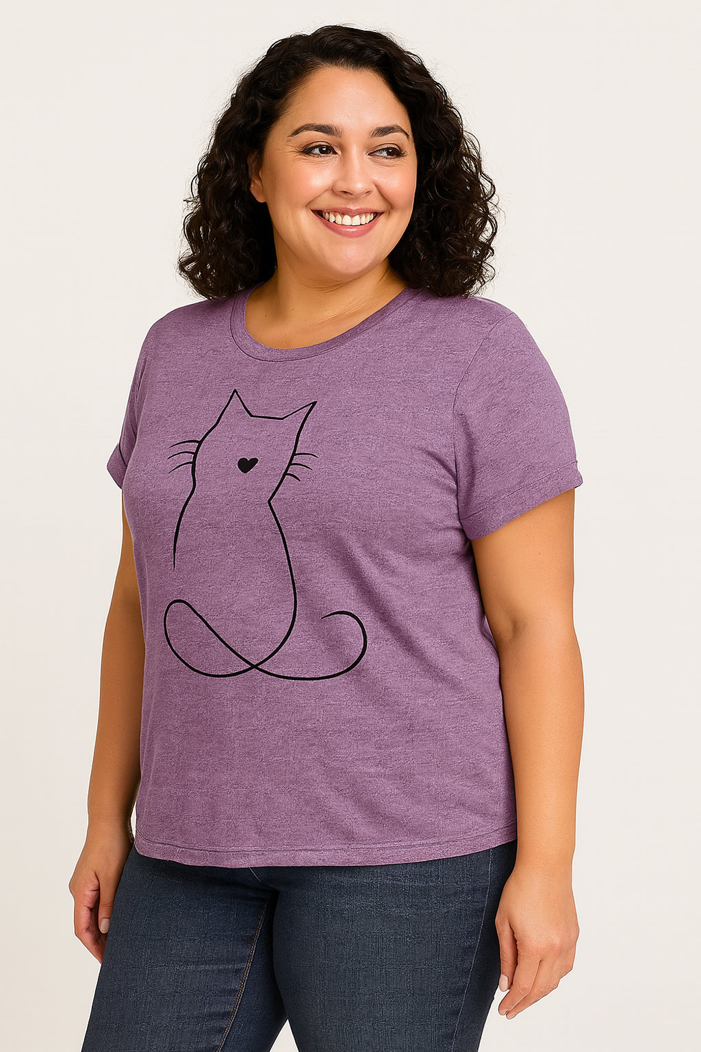 Line Cat Print Crew Neck Short Sleeve Plus Size T-Shirt