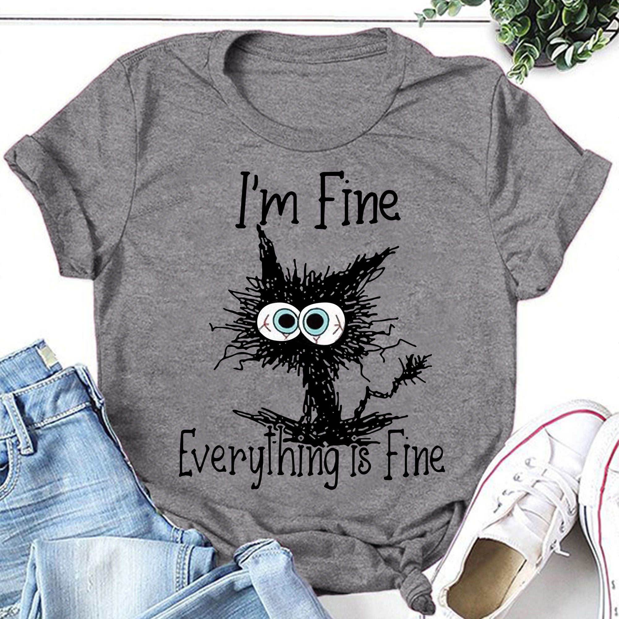 Je vais bien, tout va bien, t-shirt avec slogan imprimé chat pour femmes