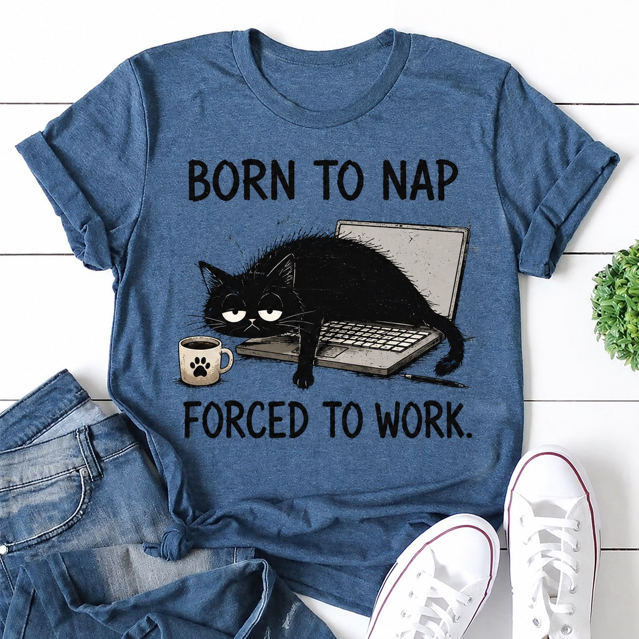 Born To Nap Forced To Work Cat Print Women Slogan T-Shirt
