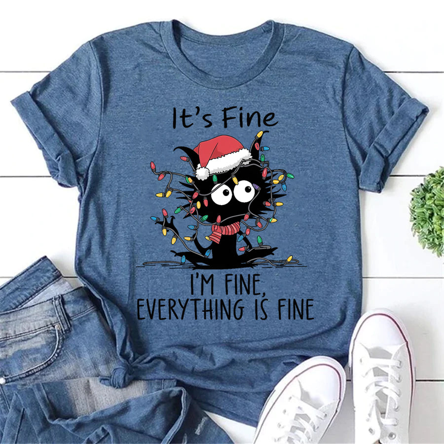 Funny Christmas Cat It's Fine Letter Print Women Slogan T-Shirt