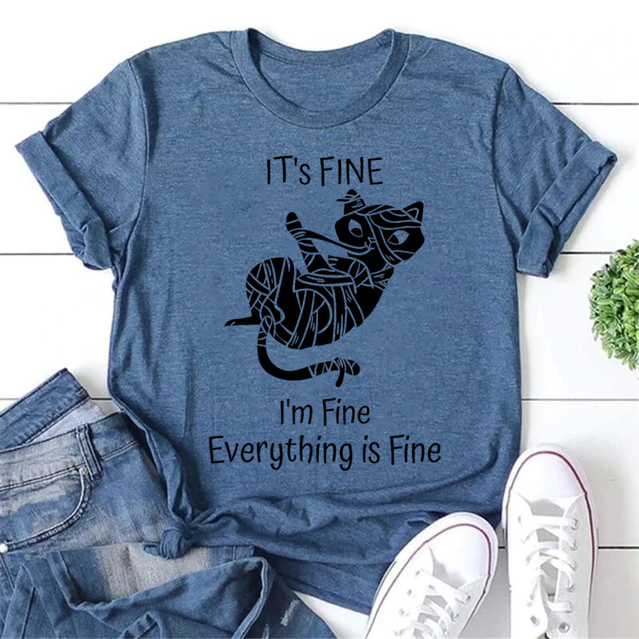 Funny Black Cat It's Fine Letter Print Women Slogan T-Shirt