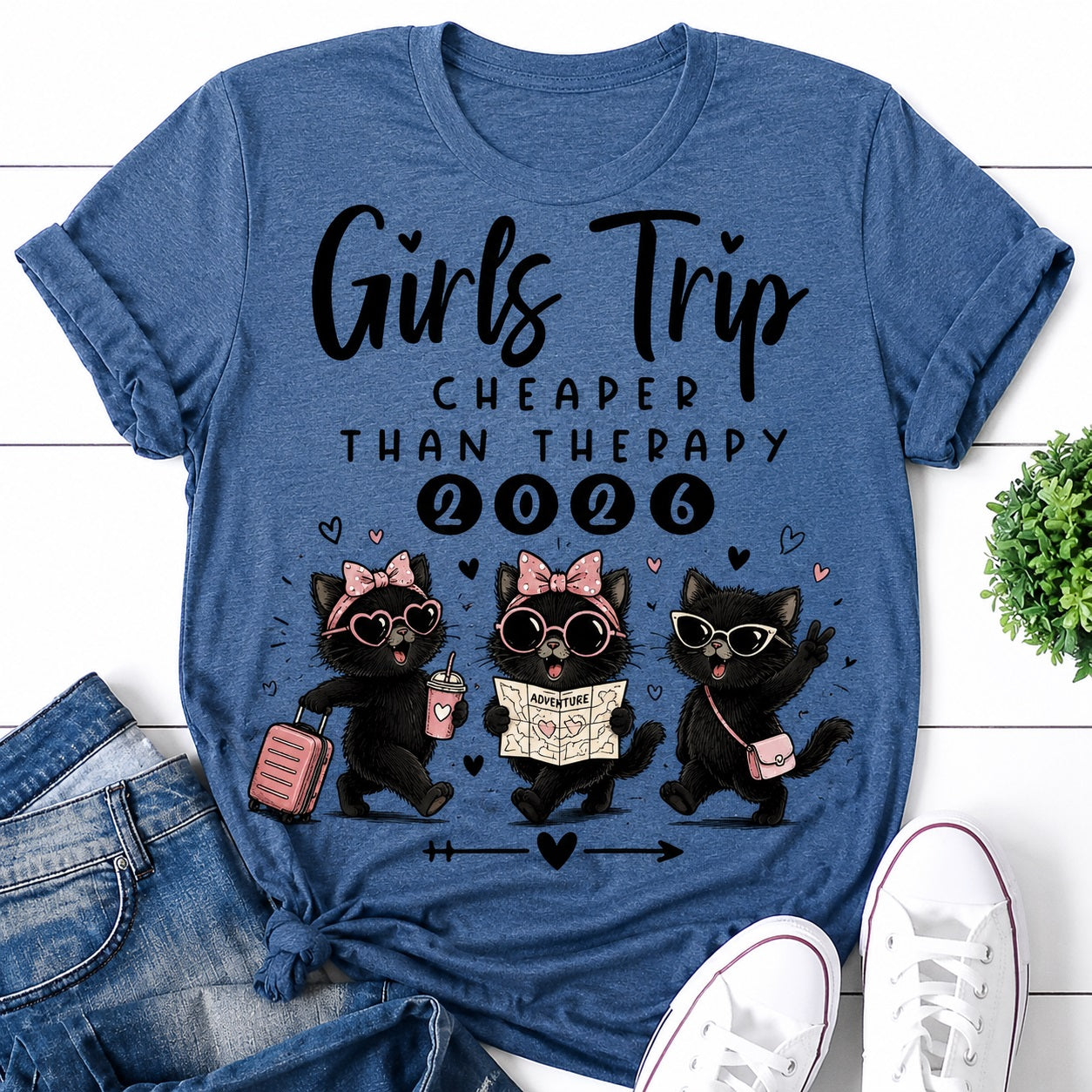Girl's Trip Cheaper Than Therapy 2026 Cat Print Women Slogan T-Shirt