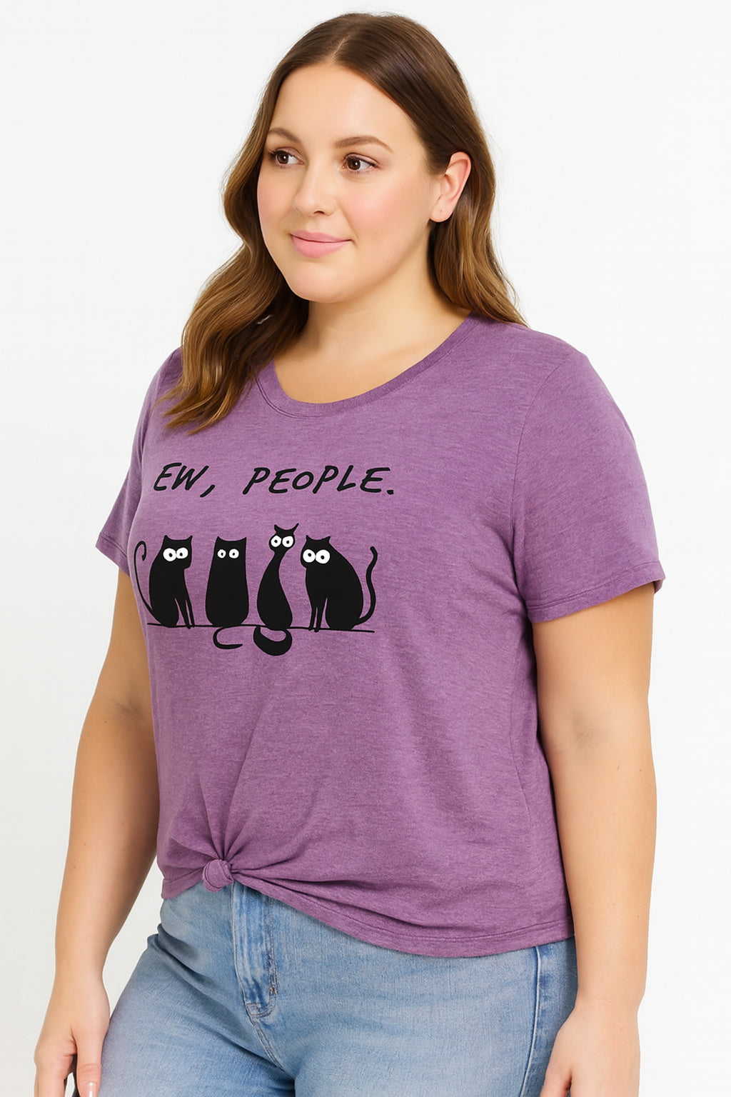 Ew People Cat Cartoon Print Cotton Plus Size T-Shirt