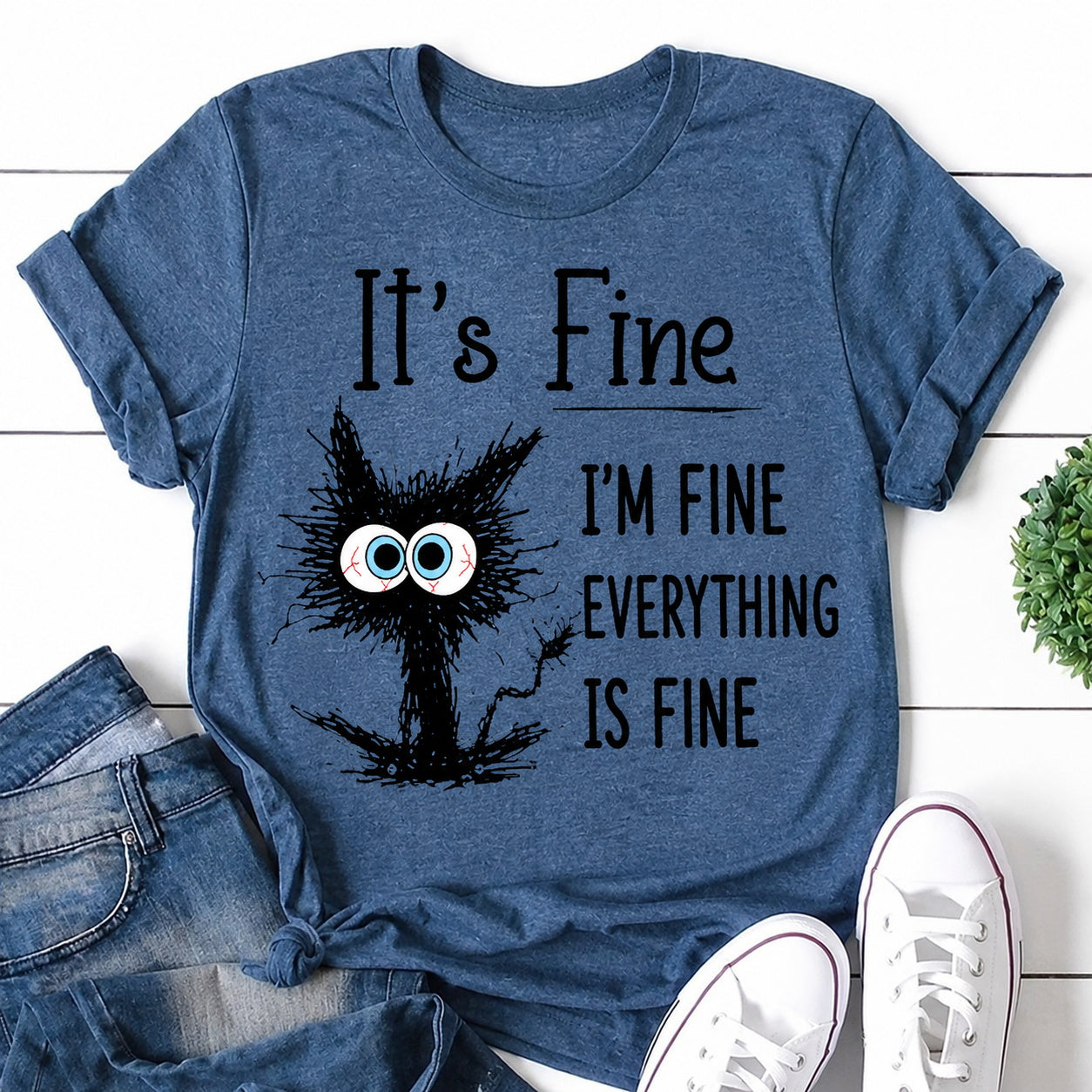 It's Fine Cat Print Women Slogan T-Shirt