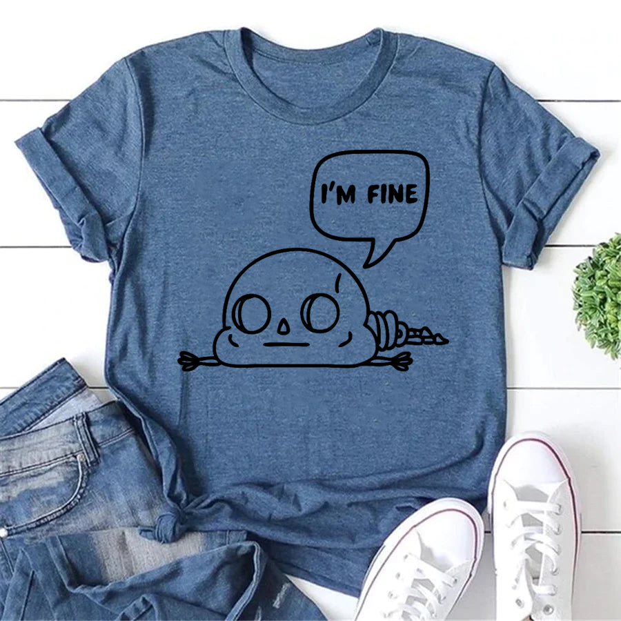Cute Skeleton I'm Fine Letter Print Women Slogan T-Shirt