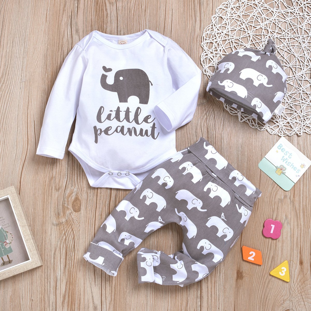 Allover Elephant Printed Bodysuit with Pants Set