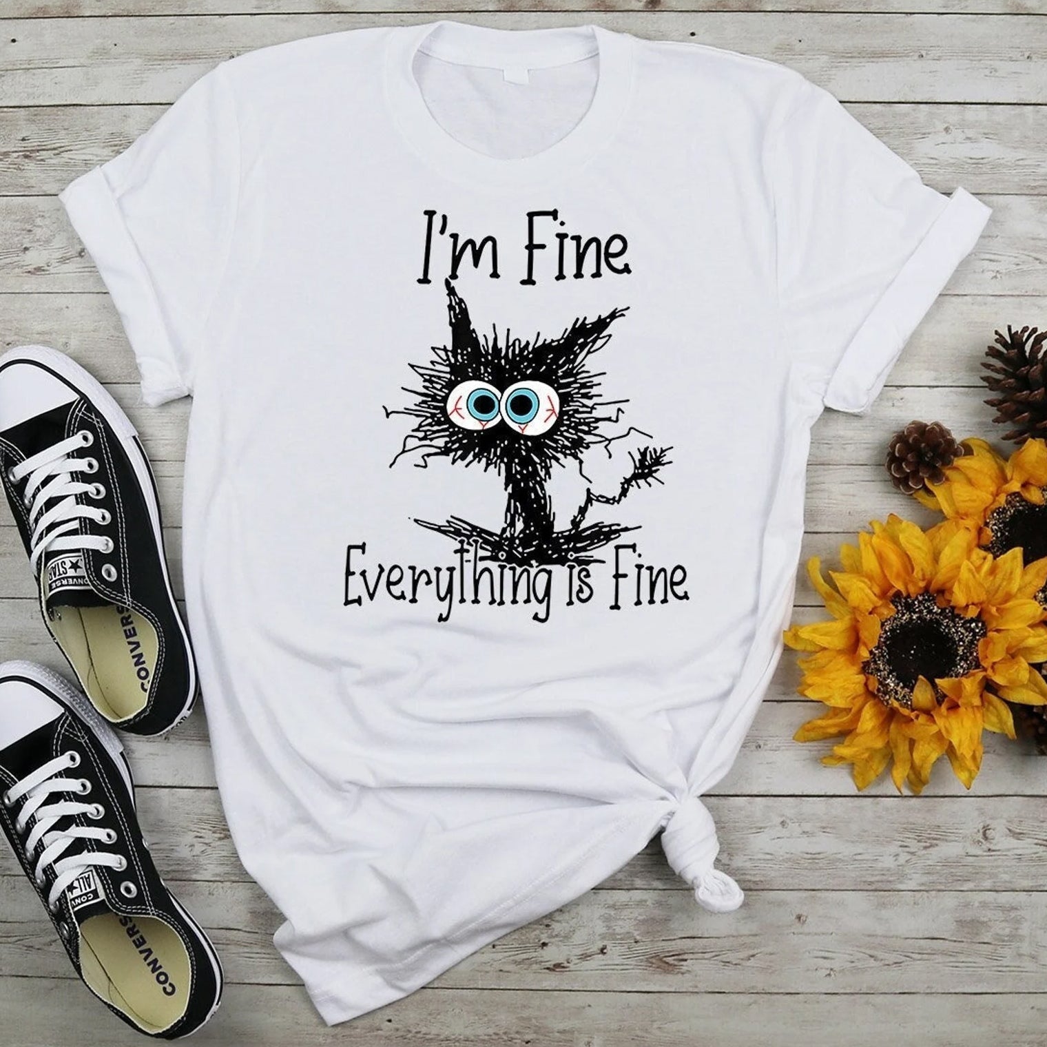 Je vais bien, tout va bien, t-shirt avec slogan imprimé chat pour femmes