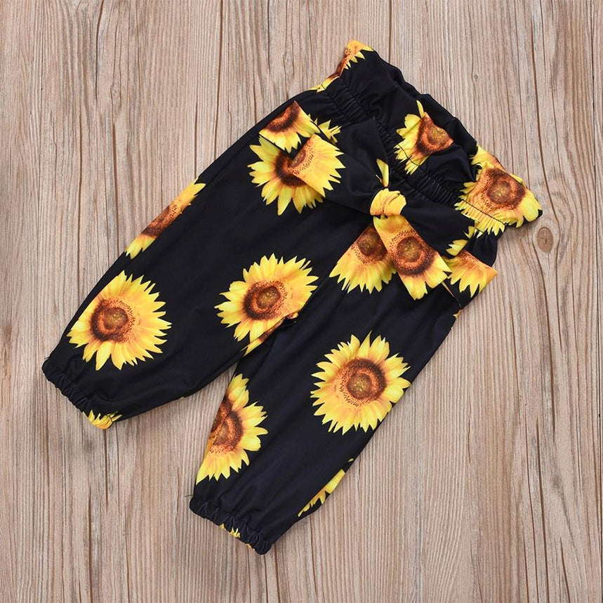 Ensemble 3 pièces body + pantalon + bandeau tournesol à manches flottantes