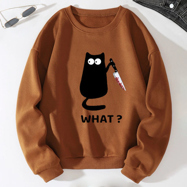 Sweat-shirt à épaules tombantes avec slogan imprimé What Cat pour femme