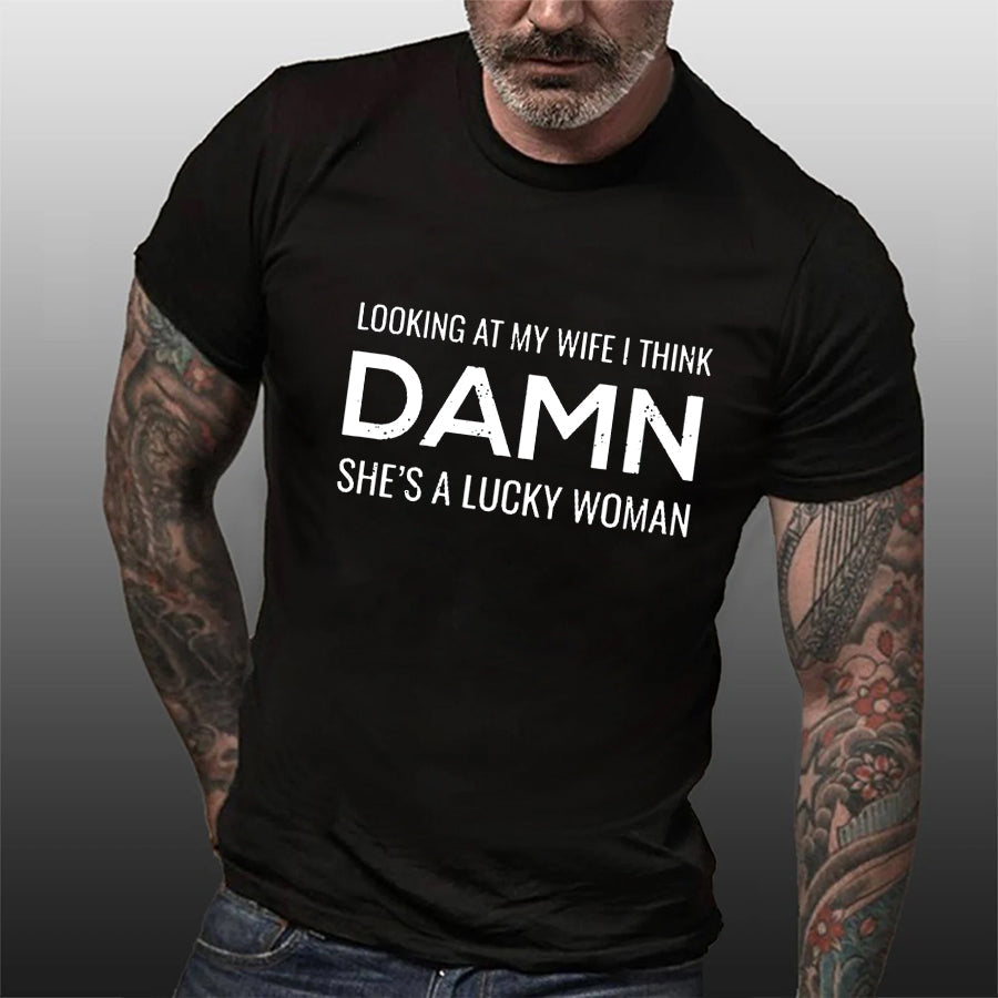 T-shirt avec slogan imprimé pour homme, je regarde ma femme, je pense