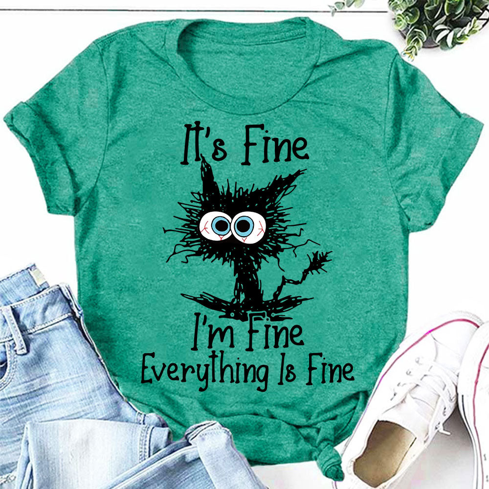 C'est bien, je vais bien, t-shirt avec slogan imprimé chat pour femmes