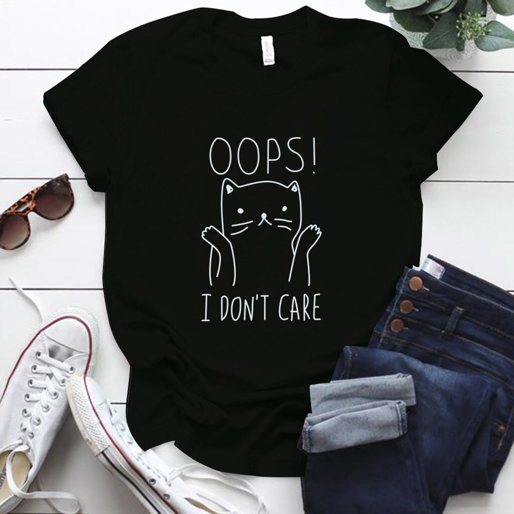 T-shirt à imprimé chat "OOPS I DON'T CARE"