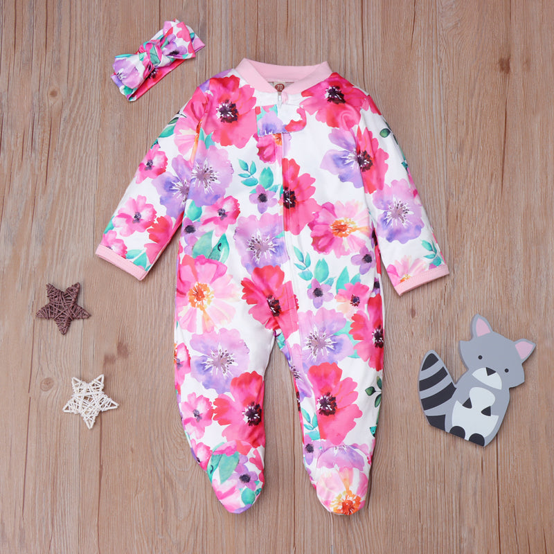 Lovely Baby Full Floral Printed Pajamas With Headband