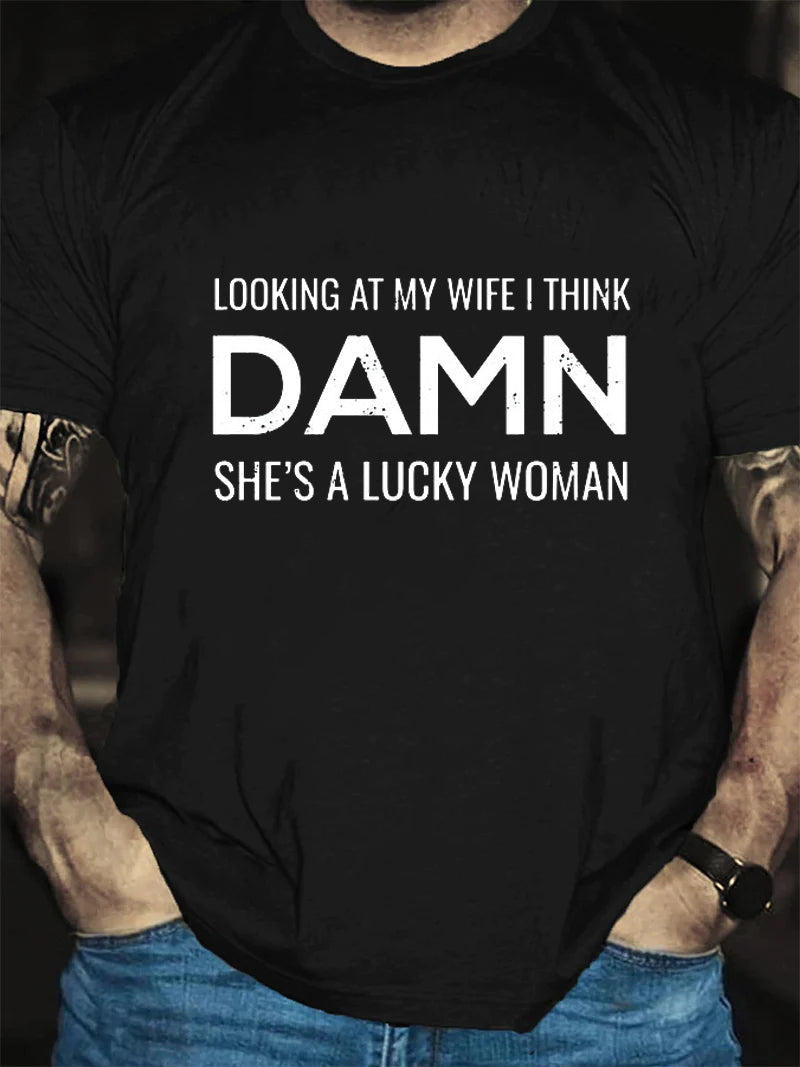 T-shirt avec slogan imprimé pour homme, je regarde ma femme, je pense