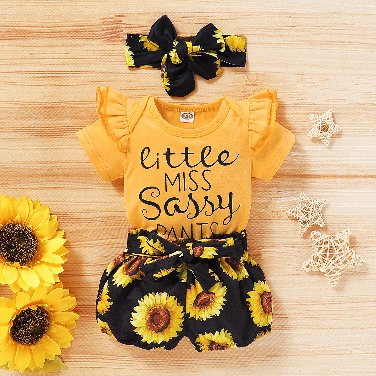 3PCS "Little Miss Sassy Pants" Sunflower Printed Baby Set