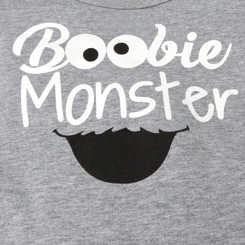 3PCS "Boobie Monster" Letter Printed Romper With Milk Printed Pants Baby Set