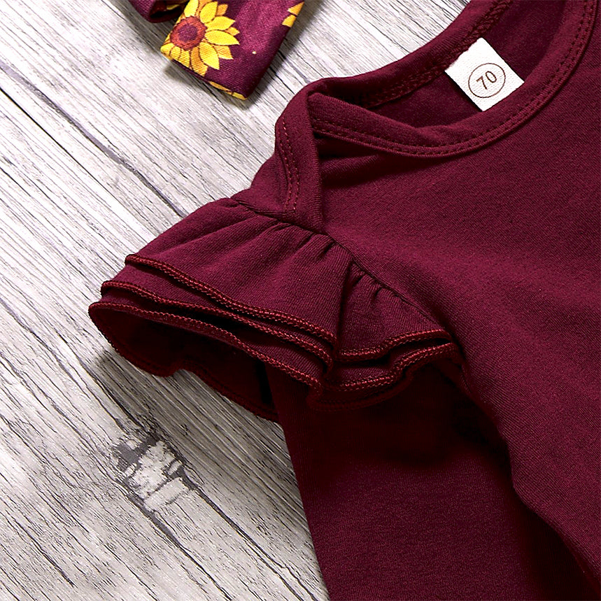 Ensemble 3 pièces body + pantalon + bandeau tournesol à manches flottantes