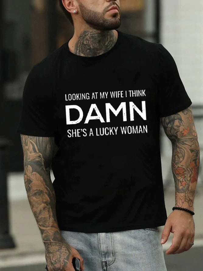 T-shirt avec slogan imprimé pour homme, je regarde ma femme, je pense