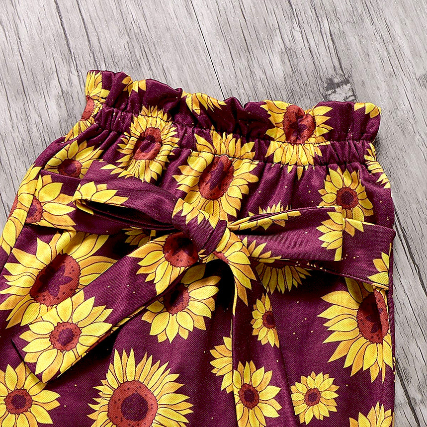 Ensemble 3 pièces body + pantalon + bandeau tournesol à manches flottantes