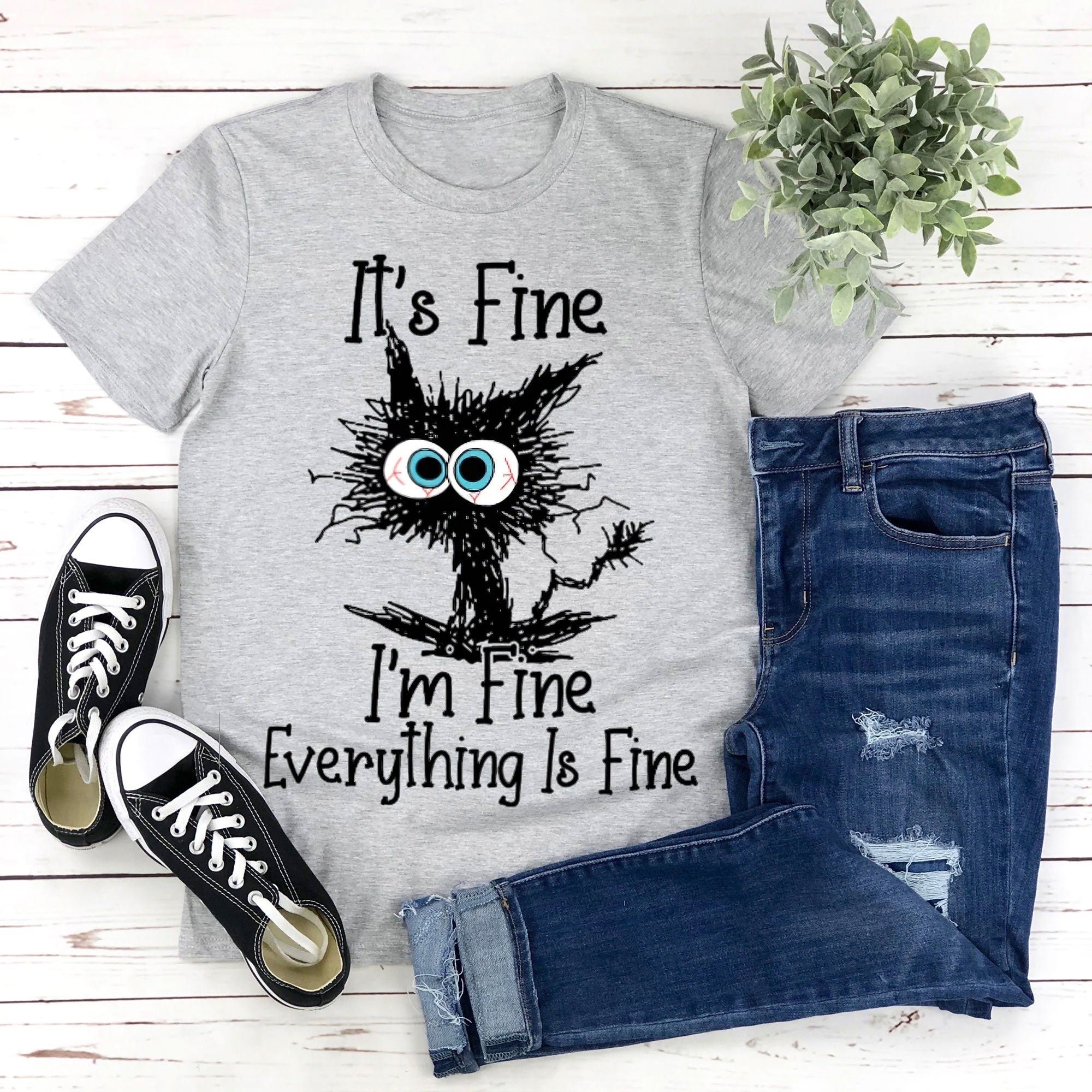 C'est bien, je vais bien, t-shirt avec slogan imprimé chat pour femmes
