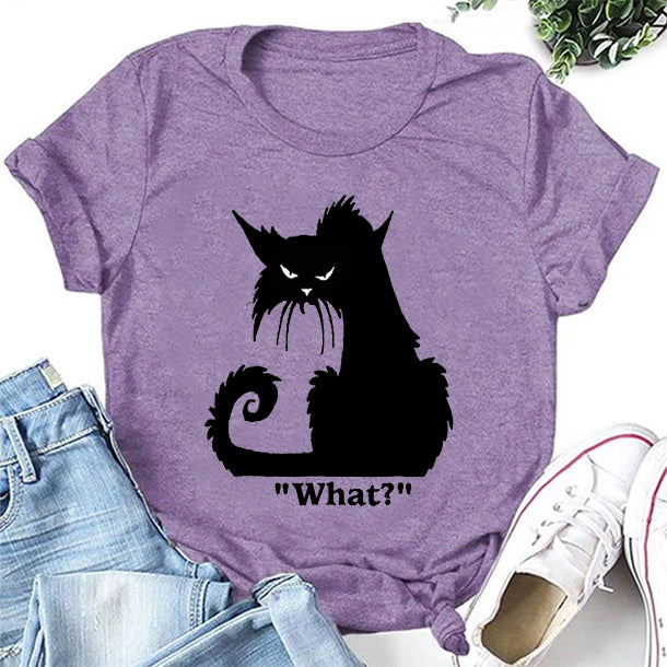 Quoi? T-shirt avec slogan pour femme, joli chat en colère imprimé