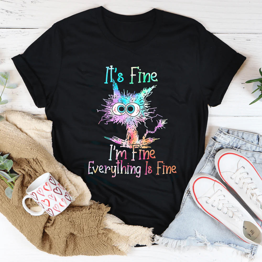 C'est bien, je vais bien, tout va bien, t-shirt avec slogan imprimé chat pour femme