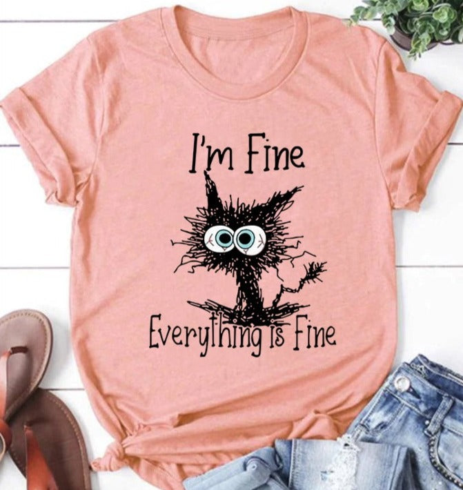 Je vais bien, tout va bien, t-shirt avec slogan imprimé chat pour femmes