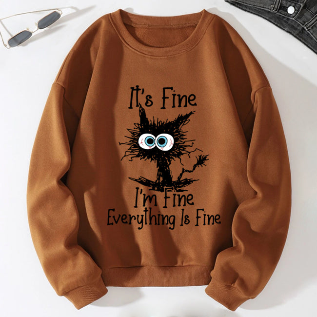 It's Fine I'm Fine Sweat-shirt à épaules tombantes avec slogan imprimé chat pour femme