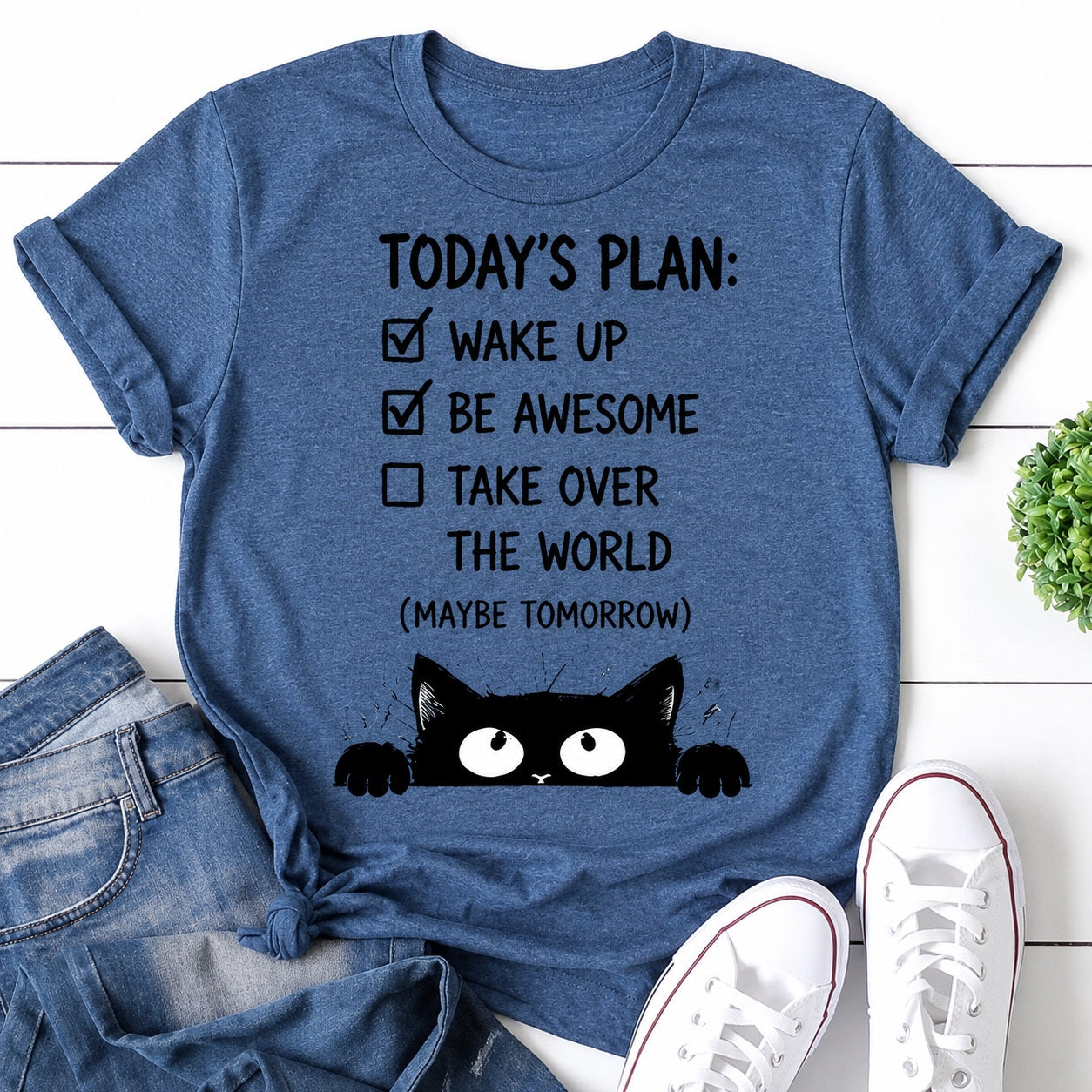 Today's Plan Cat Print Women Slogan T-Shirt