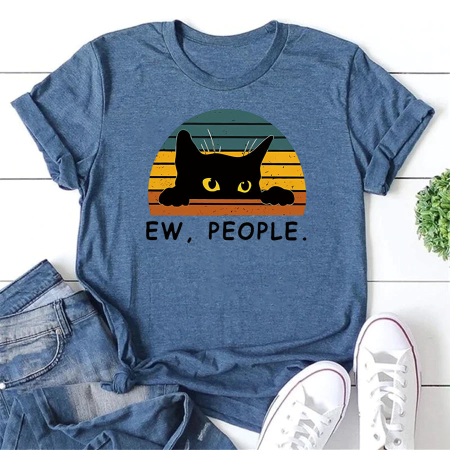 EW, PEOPLE. Letter Cat Print Women Slogan T-Shirt