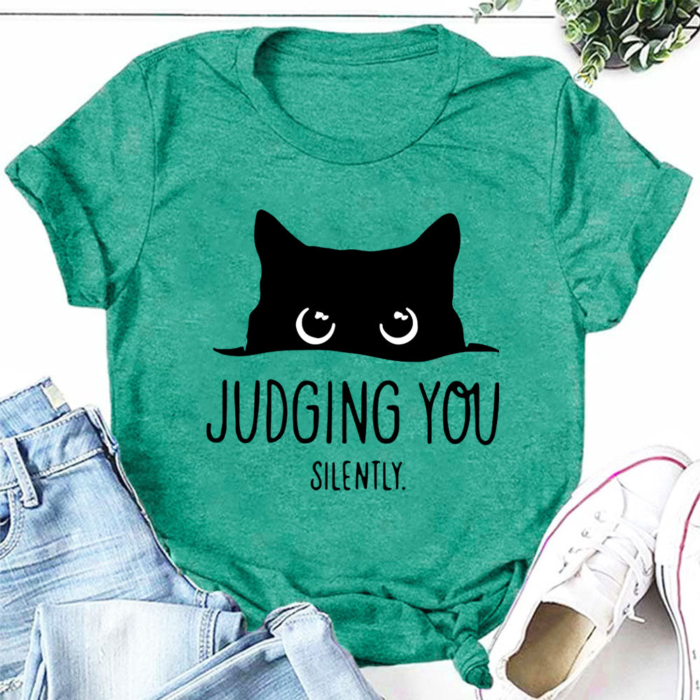 Judging You Slilently Cat Print Women Slogan Plus Size T-shirt