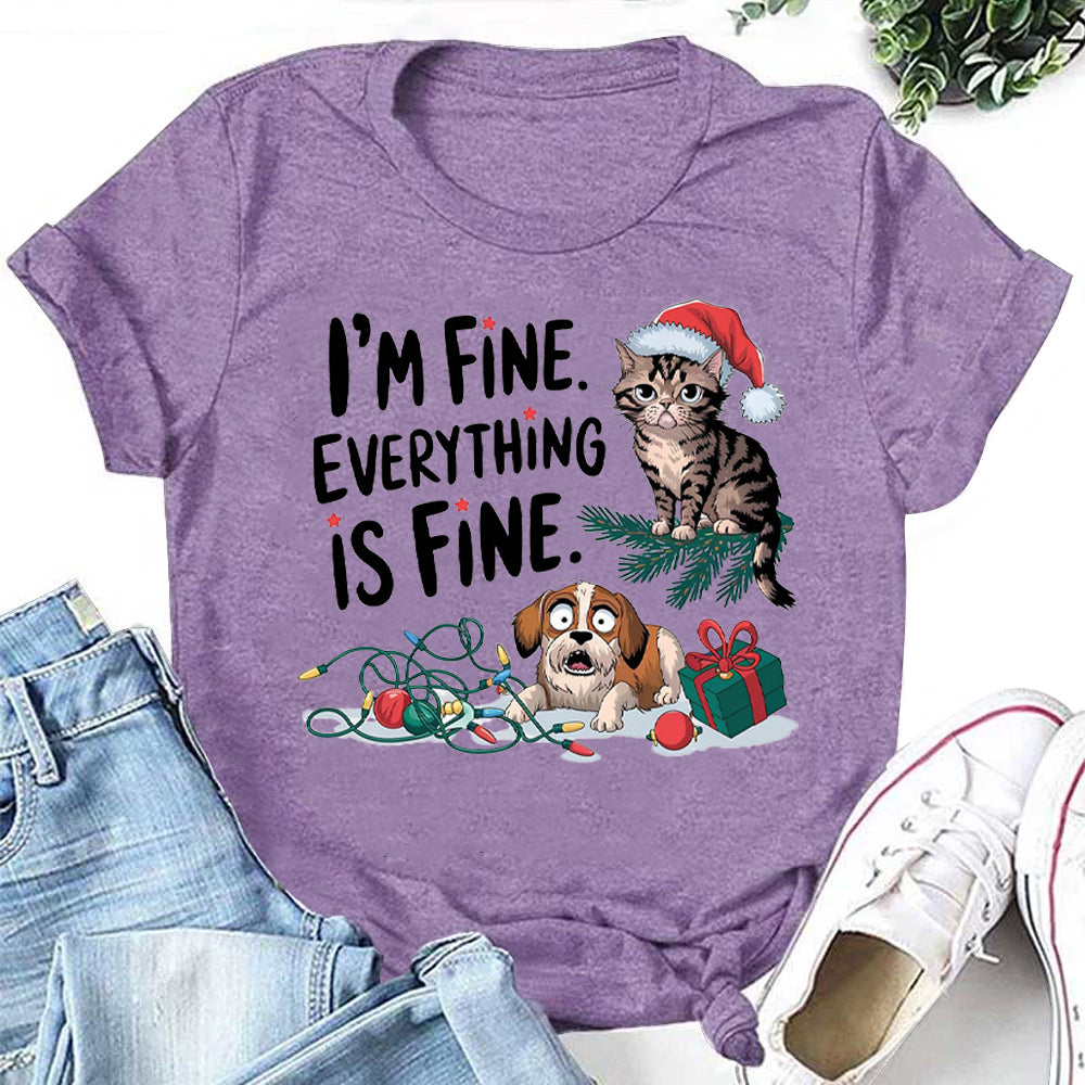 It's Fine Everything is Fine Letter Christmas Cat Dog Print Women T-Shirt