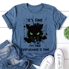 It's Fine I'm Fine Letter Green Eye Cat Print Women Slogan T-Shirt