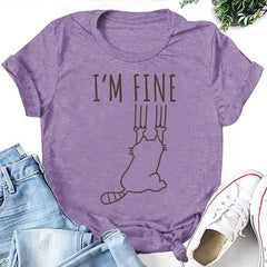 I'm Fine Letter Cat's Back Print Women Slogan T-Shirt