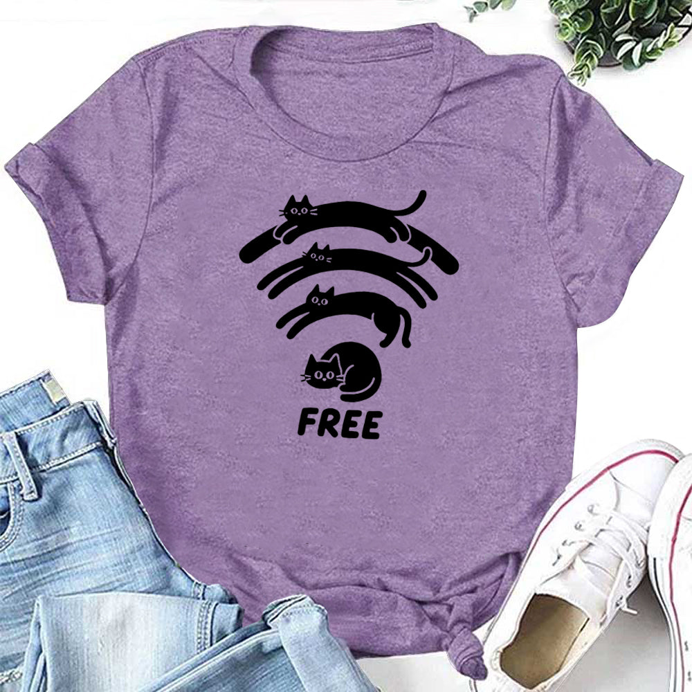 Wi-Fi-free Letter Cat Print Women Slogan T-Shirt