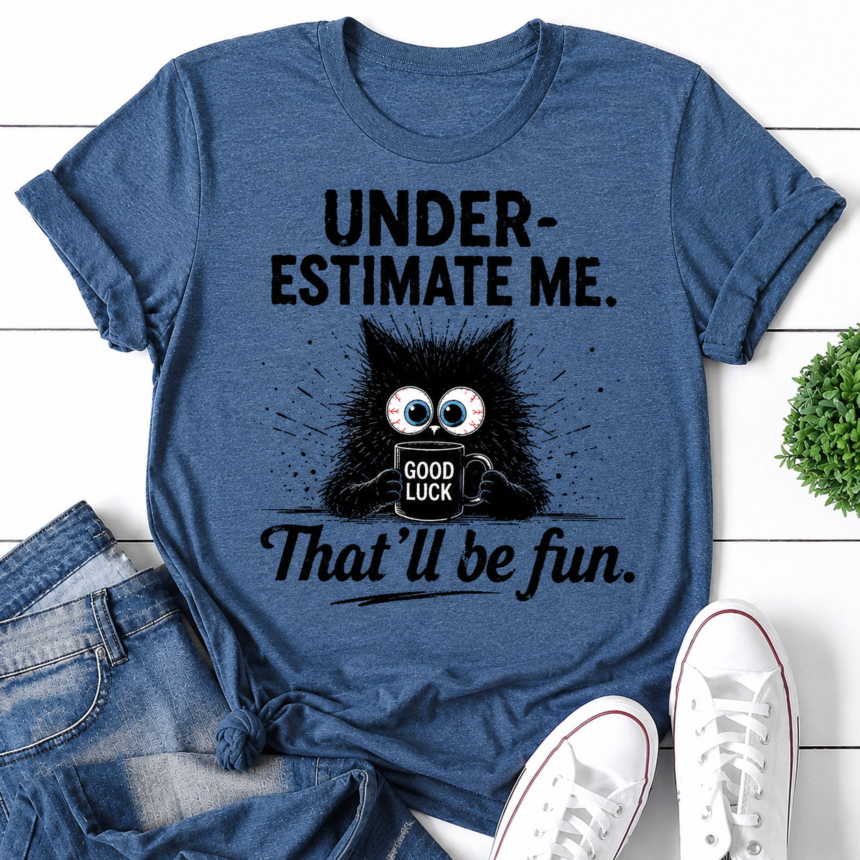 Under Estimate Me Cat Print Women Slogan T-Shirt