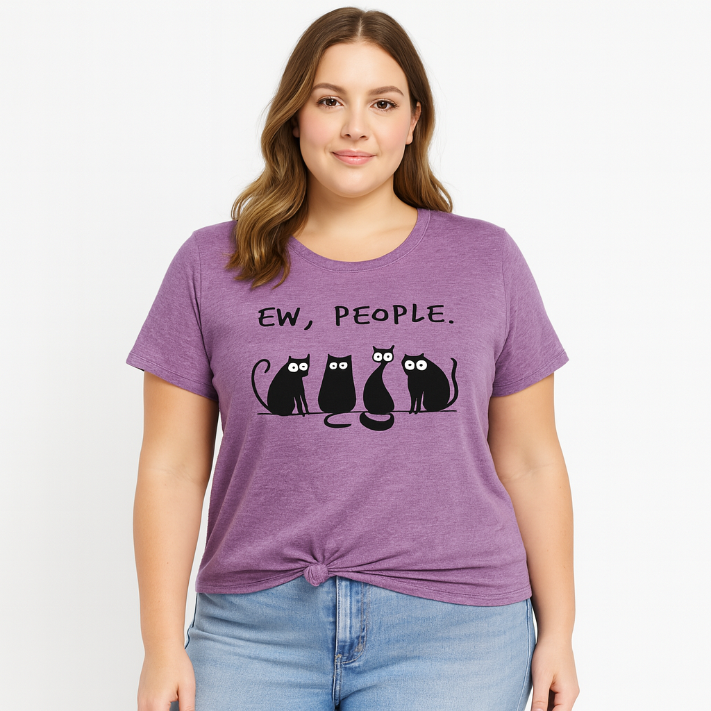 Ew People Cat Cartoon Print Cotton Plus Size T-Shirt