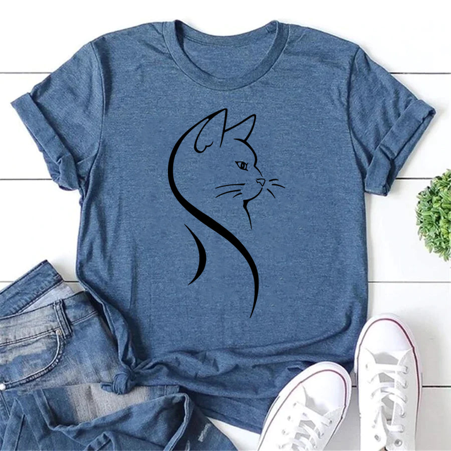 Fashionable Line Cat Letter Print Women Slogan T-Shirt