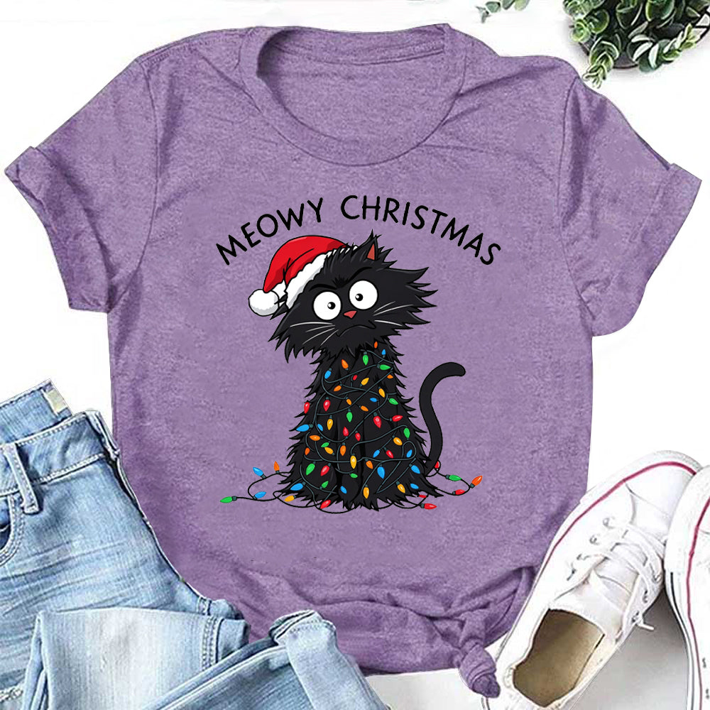 MEOWY CHRISTMAS Letter Print Women Slogan T-Shirt