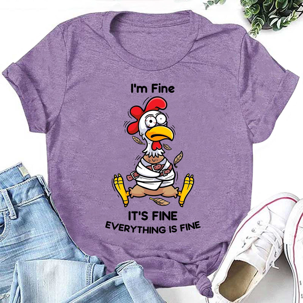 I'm Fine Letter Rooster Print Women Slogan T-Shirt