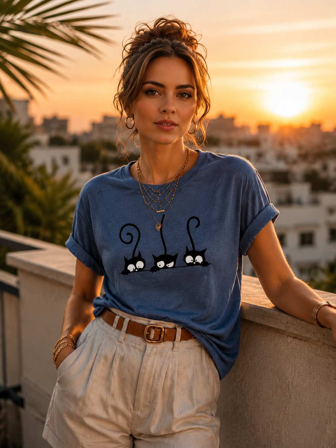 T-shirt en coton imprimé chat carton 