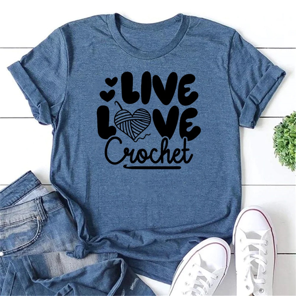 Live Love Crochet Letter Print Women Slogan T-Shirt