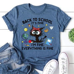 Back To School It's Fine Letter Cat Print Women Slogan T-Shirt