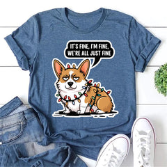 It's Fine I'm Fine Letter Lanterns and Dog Print Women Slogan T-Shirt